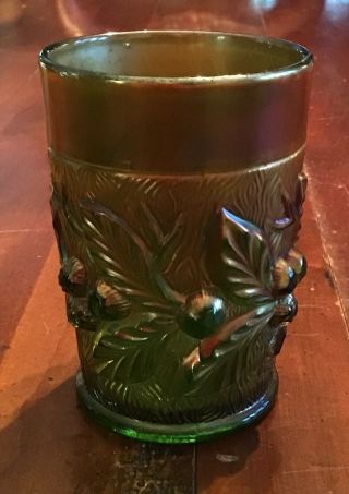Northwood Antique Carnival Glass Acorn Burrs Tumbler Green Gold Eapg