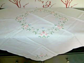Vintage White Cotton Tablecloth With Pink Flower Embroidery 31 " X 31 "