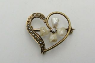 Antique Victorian 14k Yellow Gold Diamond & Seed Pearl Flower Heart Pin Mja