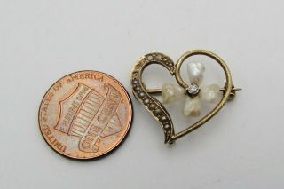 Antique Victorian 14k Yellow Gold Diamond & Seed Pearl Flower Heart Pin MJA 2