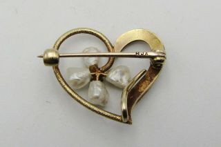 Antique Victorian 14k Yellow Gold Diamond & Seed Pearl Flower Heart Pin MJA 3