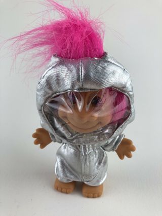 Russ 4.  5 " Astronaut Spaceman Troll Doll Silver Suit Helmet Vintage Pink Hair