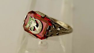 Red Sapphire Sterling Fraternal Silver Enameled Ring Size 7.  75 Vintage Antique