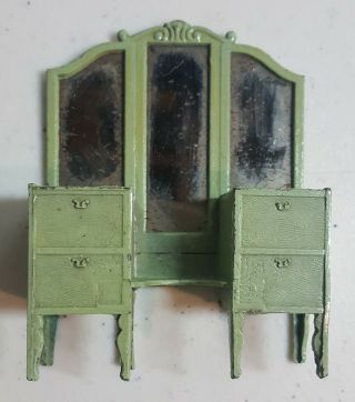 Vintage Tootsietoy Green Metal Dollhouse Furniture Dressing Vanity Table Mirror