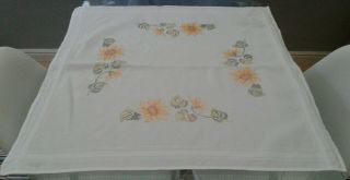 Vintage White Cotton & Hand Embroidered Floral Tablecloth 30 " X 30 " Sunflowers