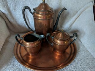 Vintage World Silver On Copper Tea Set Teapot,  Sugar Bowl,  And Creamer Pitcher