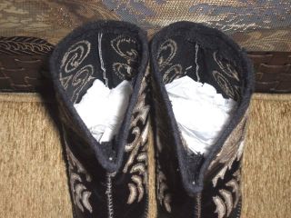 Antique Chinese Embroidered Childs Black Silk Boots Slippers Shoes Never Worn 5