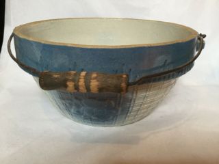 Blue Antique Stoneware Mixing Bowl With Wood Handle Crock Primitive Vintage 8”