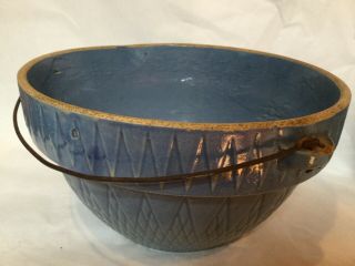 Blue Antique Stoneware Mixing Bowl With Handle Crock Primitive Vintage 10”