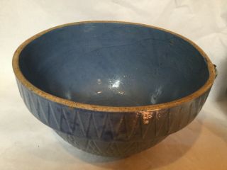 Blue Antique Stoneware Mixing Bowl With Handle Crock Primitive Vintage 10” 2