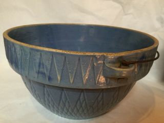 Blue Antique Stoneware Mixing Bowl With Handle Crock Primitive Vintage 10” 5