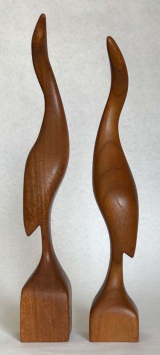 2 Mid - Century Modern Carved Wood Bird Sculptures Signed Marked Lykins