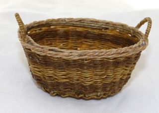 Vintage Dollhouse Miniature Hand Woven Laundry Basket Artisan Two Tone Brown 2
