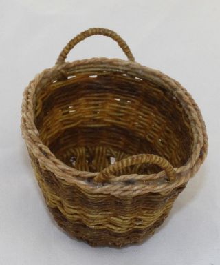 Vintage Dollhouse Miniature Hand Woven Laundry Basket Artisan Two Tone Brown 3