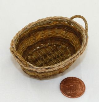 Vintage Dollhouse Miniature Hand Woven Laundry Basket Artisan Two Tone Brown 5