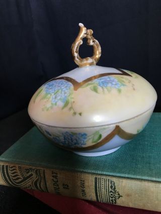 Antique T & V Limoges France Blue Floral And Gold Hand Painted Trinket Box C