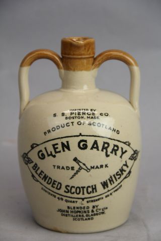 Antique Glen Garry Scotch Whisky Double Handle Stoneware Bottle Barware 7 1/4 " T