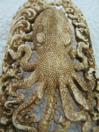 Unusual Hand Carved Scrimshaw Statue Of Octopus Hunting A Stingray On Wood Base