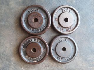 4 X 10 Lb Vintage York Bar Bell Standard Weight Plates Antique 40 Lbs Total