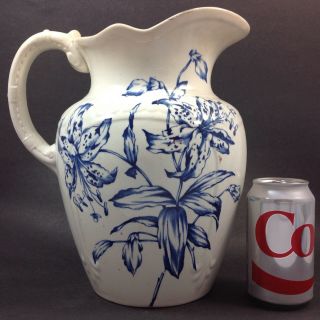 Magnificent Blue White Floral Large Victorian Transferware Wash Basin Pitcher