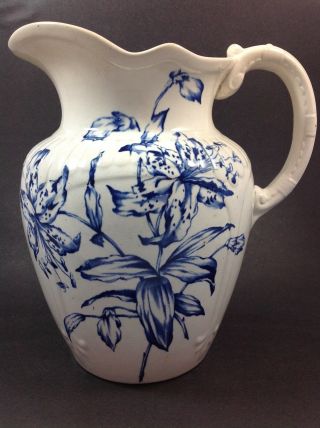 Magnificent Blue White Floral Large Victorian Transferware Wash Basin Pitcher 2
