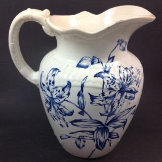 Magnificent Blue White Floral Large Victorian Transferware Wash Basin Pitcher 5