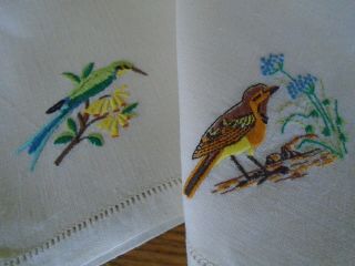 Vintage Hand Embroidered Pure Linen Tea Napkins - Birds