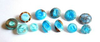 12 Vintage German Glass Moonglow Buttons With Gold/silver Luster - Aqua 1/2 " - 3/4 "