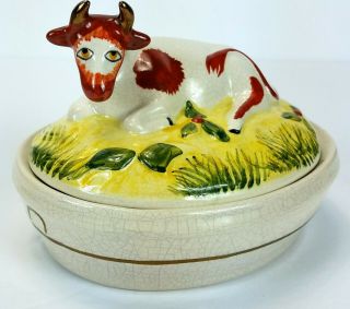 Antique Staffordshire Porcelain Ceramic Hand Painted Cow Butter Dish With Lid