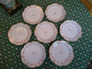 7 antique Theodore Haviland Limoges porcelain plates heavy gold and pinks roses 8