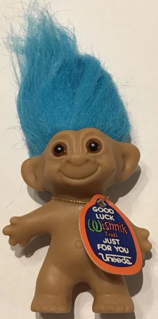 Vintage Good Luck Wishnik Troll Just For You 2” Doll Blue Hair Figure Uneeda Tag