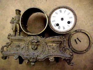 Antique French Figural Clock - Lion Symbol On Movement Parts