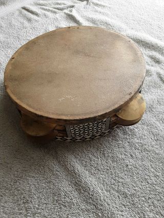 Vintage Antique Mother Of Pearl Wood 10 " Tambourine Musical Instrument Hippy