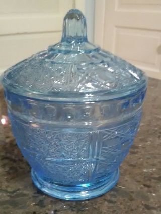Vintage Ice Blue Pressed Glass Pedestal / Vanity / Make Up Candy Dish With Lid