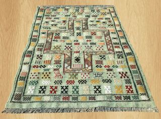 Authentic Hand Knotted Vintage Traditional Iraqi Wool Kilim Area Rug 4.  5 X 3.  3