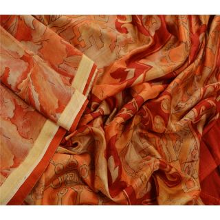 Sanskriti Vintage Orange Saree Pure Silk Printed Sari Craft Decor Soft Fabric 2