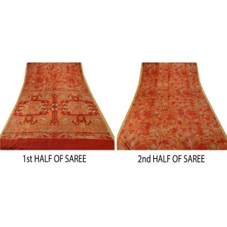 Sanskriti Vintage Orange Saree Pure Silk Printed Sari Craft Decor Soft Fabric 5