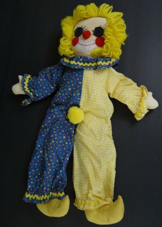 Vintage Handmade Cloth Clown Doll With Yellow Yarn Hair 23 " Tall 80 