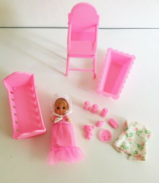Vintage Mattel Sunshine Baby Nursery Baby Sweets Pink High Chair Bath Tub Crib