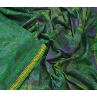 Sanskriti Vintage Green Saree Pure Silk Printed Sari Craft Zari Border Fabric