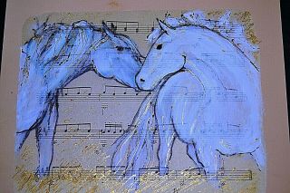 Horses.  Acrylic And Ink Painting On Vintage Sheet Music Fixed On Cardb