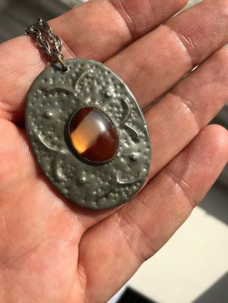 Antique Victorian Pewter Agate Or Ruskin Arts & Crafts Pendant Necklace Oval