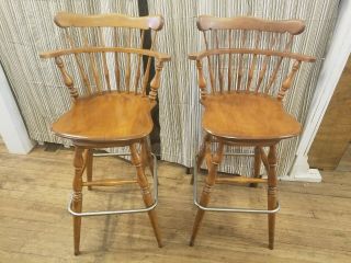 Two Vintage Ethan Allen Bar Stools Swivel Chairs 10 - 6095 Nutmeg Wood