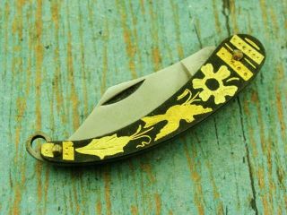 Vintage Toledo Spain Gold Damascene Navaja Pocket Clasp Knife Watch Fob Knives