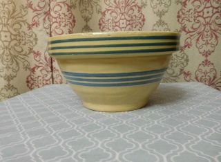 Antique Yellow Ware Mixing Bowl Blue Bands Stripes Pottery Crock