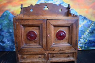 Small Antique Arts And Crafts Wooden Cabinet With Glass Embellishments