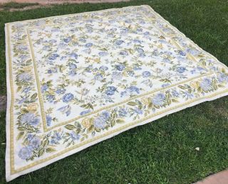 Antique Handmade French Aubusson Needlepoint Rug Floral Blue Gold Wow 95 X 95