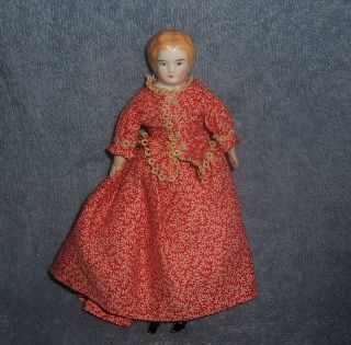 Antique German Porcelain China Doll 6.  5 " Dollhouse Doll House Lady Dressd N Pink
