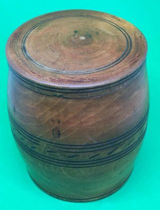 Small Treen Wooden Box In Shape Of A Barrel.