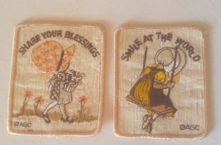 2 Vintage 1970s Agc Hollie Hobbie Patches Smile At The World & Share Blessings